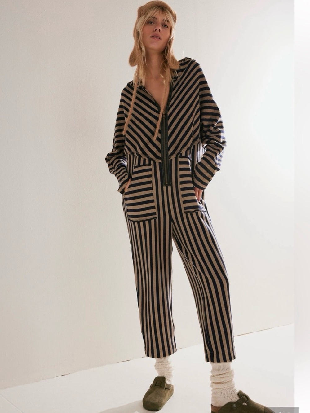 Free People Beach cruel Summer Striped Zip-Front Jumpsuit in Coriander